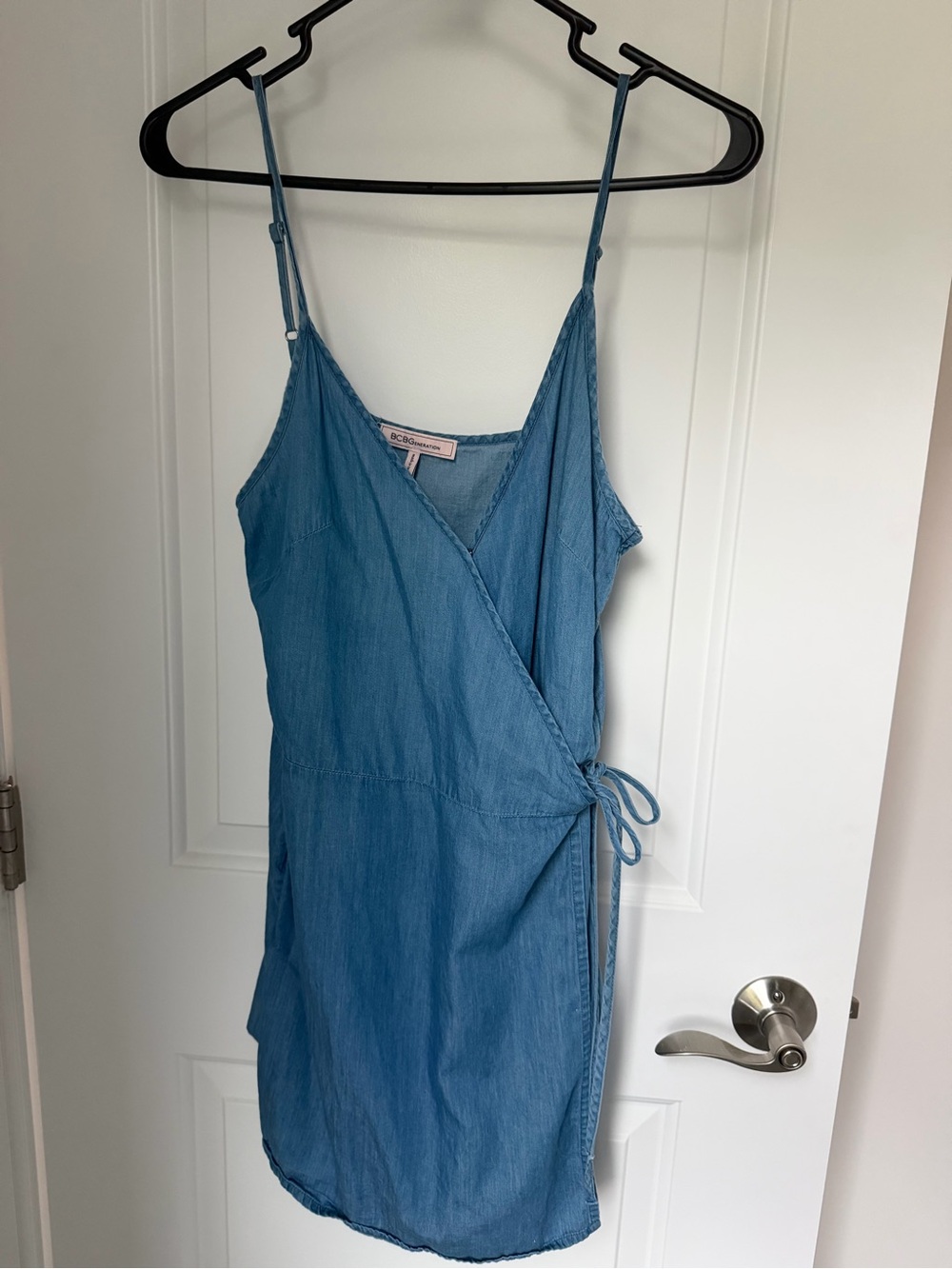 BCBGeneration Chambray Wrap Romper in Light Blue